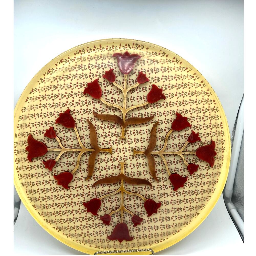 Vintage 1960s Large Lucite Trivet/Tray with a folk-art tulip design Boho acrylic